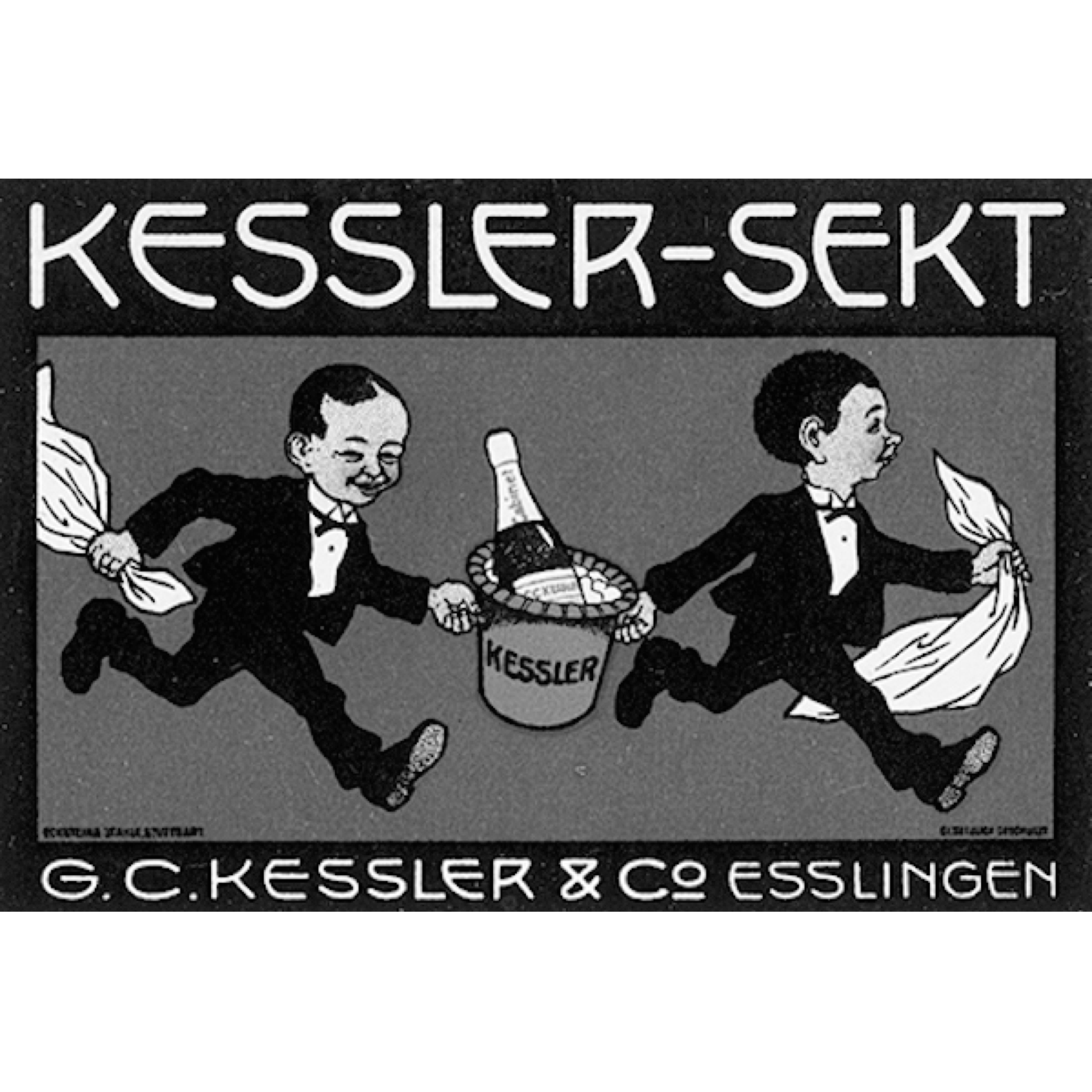 Historisches Werbeplakat für Kessler Sekt mit zwei Figuren und Sektkühler