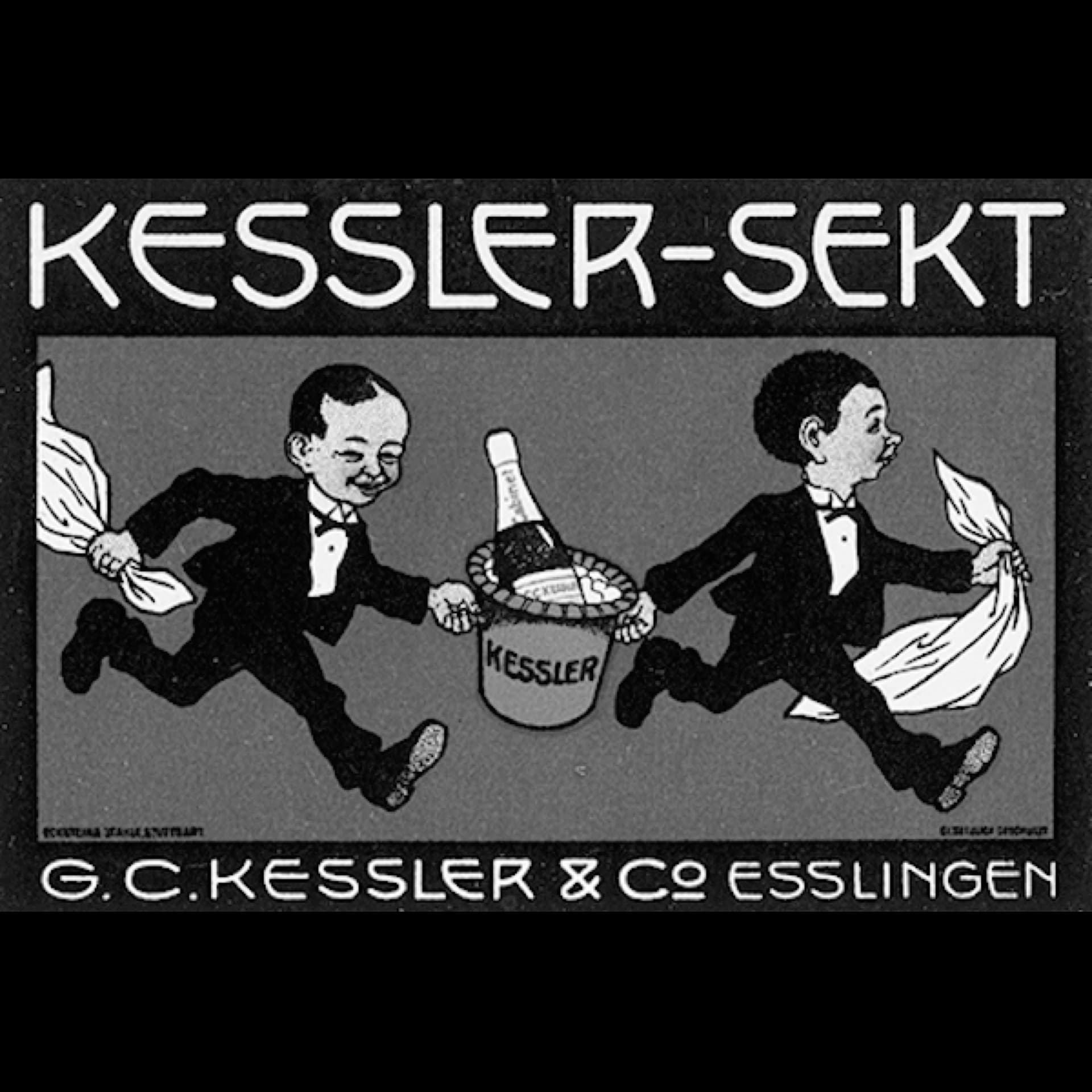 Historisches Werbeplakat für Kessler Sekt mit zwei Figuren und Sektkühler